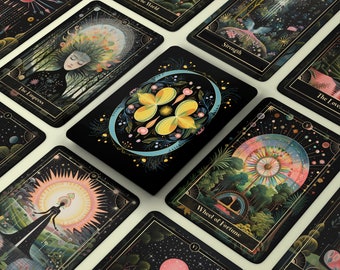 May include: A set of tarot cards with colorful illustrations and gold accents. The cards feature images of a woman with flowing hair, a wheel of fortune, and a four-leaf clover.