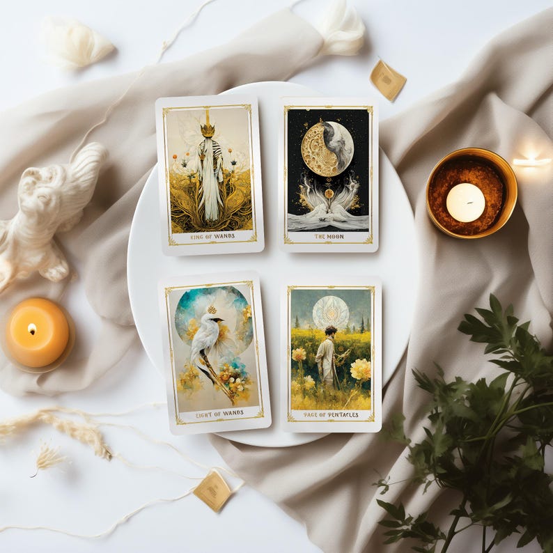 May include: Four tarot cards with gold trim are displayed on a white plate. The cards feature illustrations of the King of Wands, The Moon, Light of Wands, and Page of Pentacles. The cards are surrounded by candles and decorative elements.