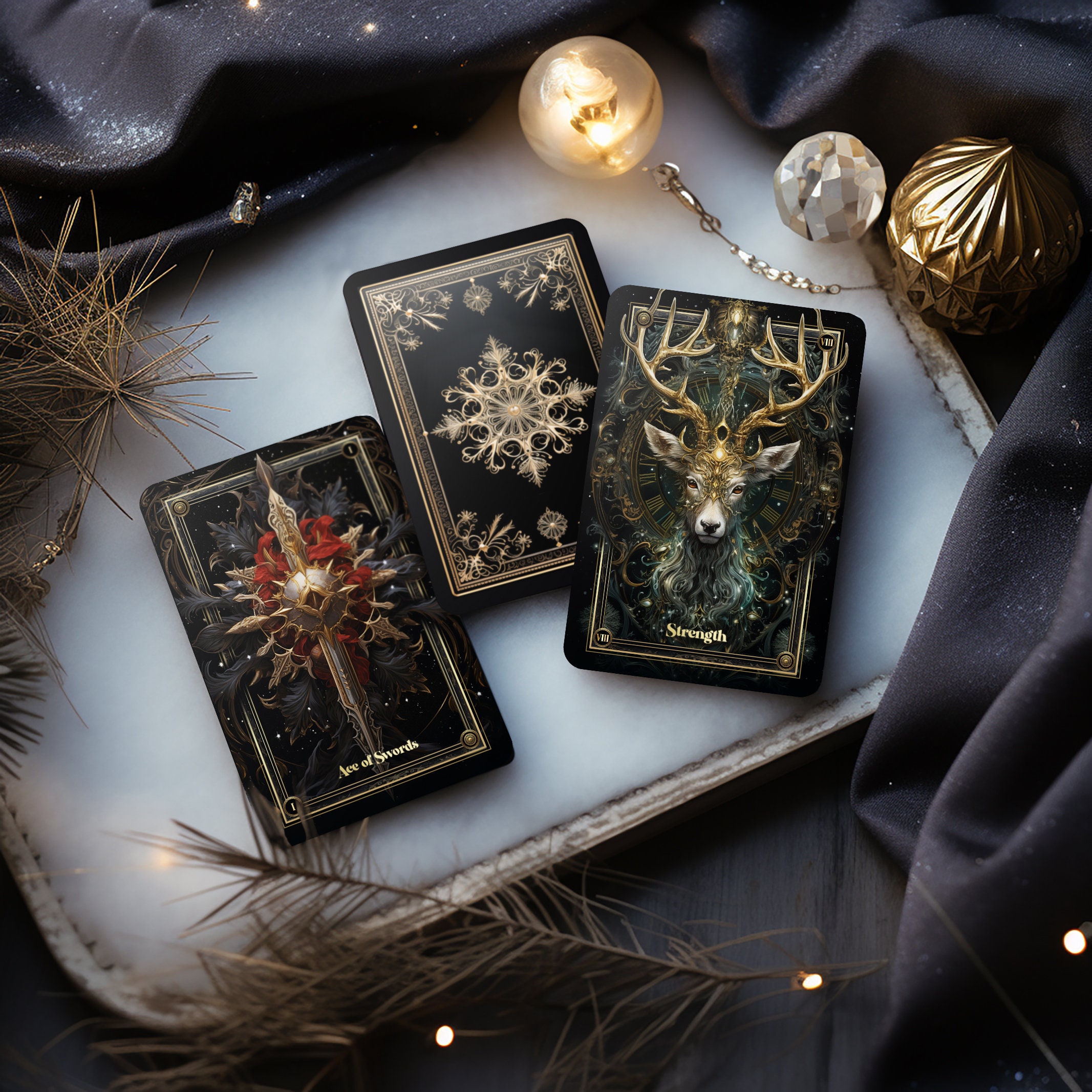 Beiras Snow Crystal Tarot Deck, Gold Christmas Cards, Dark Winter