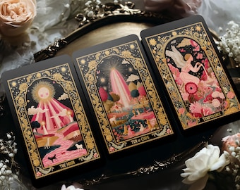 Novo baralho de tarô Cycle – 78 cartas em preto e dourado com guia.