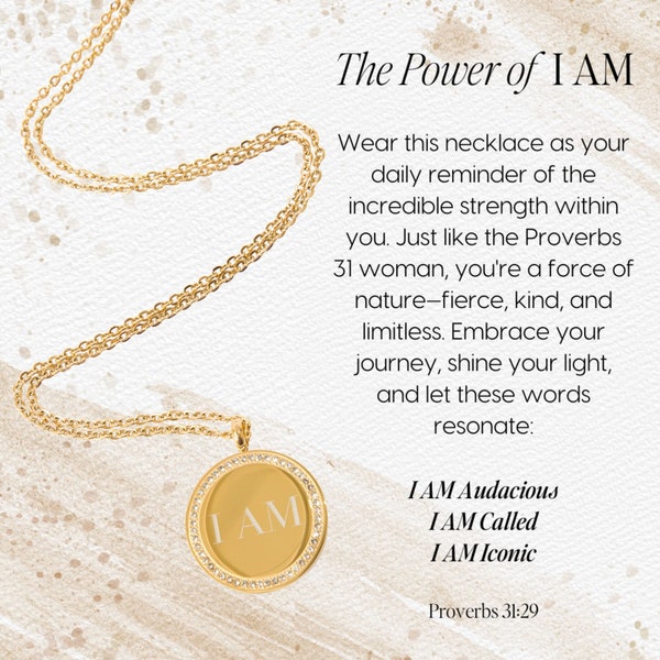 Affirmation Necklace - I AM Powerful Gold Pendant With Rhinestones - Inspiring Self-Love Jewelry for Self-Empowerment