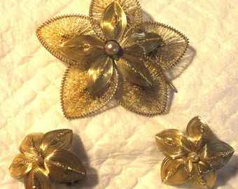 Vintage Germany Brooch and Clip Earring Set Gold Tone Flower with faux Pearls