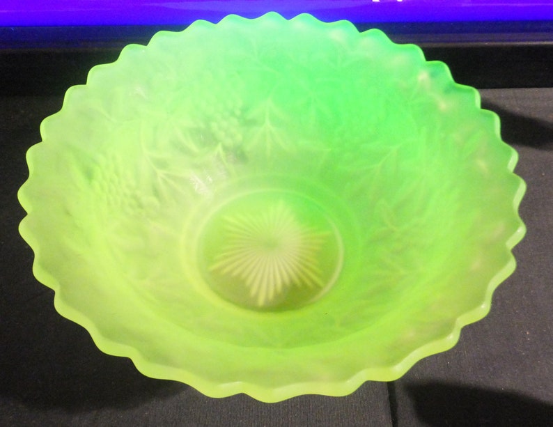 Frosted Vaseline Glass Bowl With Grapes Etsy