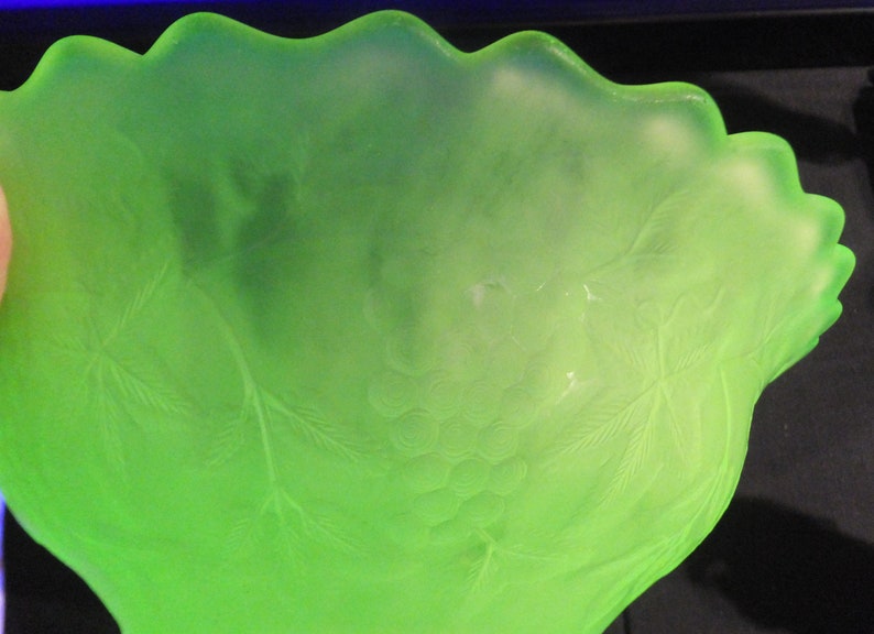 Frosted Vaseline Glass Bowl With Grapes Etsy