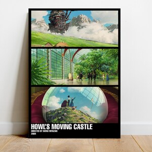 May include: A poster for the animated film "Howl's Moving Castle", directed by Hayao Miyazaki. The poster features three scenes from the film: a moving castle in the sky, a greenhouse, and a crystal ball showing a couple on a hill.