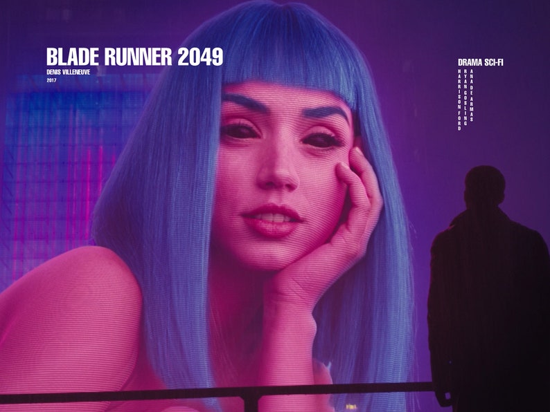 Puede incluir: Un p&oacute;ster de pel&iacute;cula para "Blade Runner 2049" con una mujer de cabello azul y un fondo rosa. El texto "DRAMA SCI-FI" est&aacute; en la esquina superior derecha.