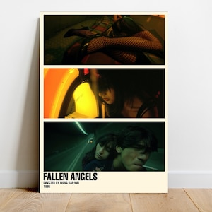 May include: A minimalist movie poster for the film "Fallen Angels" directed by Wong Kar-wai. The poster features three scenes from the film: a woman in a black fishnet dress lying on a bed, a woman looking out of a window, and two men walking down a street at night.