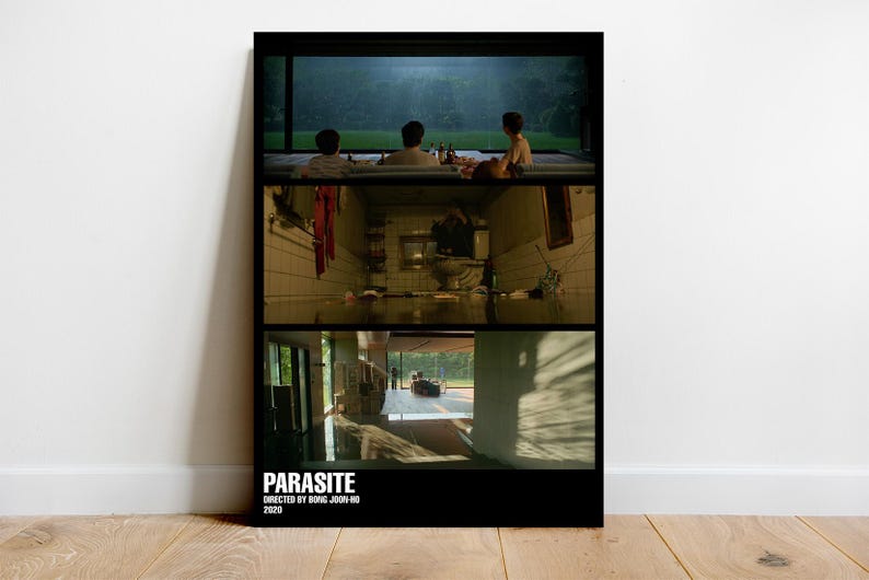 May include: A black and white poster with three scenes from the movie Parasite. The top scene shows three people sitting on a patio. The middle scene shows a hallway with a red shirt hanging on a hook. The bottom scene shows a room with a window and a car parked outside. The poster has the title "Parasite" and the text "Directed by Bong Joon-ho 2019" at the bottom.