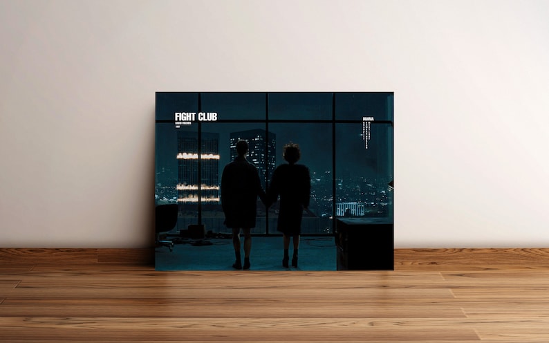 May include: A movie poster for the film "Fight Club" featuring two figures in silhouette standing in a high-rise building overlooking a city skyline at night.