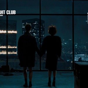 May include: A scene from the movie "Fight Club" with the text "FIGHT CLUB" and "DAVID FINCHER" displayed on the top left corner of the image. Two people stand in silhouette in front of a large window overlooking a city skyline at night. The building in the background is on fire.