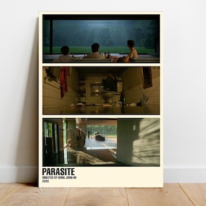 May include: A minimalist movie poster for the film Parasite, directed by Bong Joon-ho. The poster features three scenes from the film: a family sitting in a living room, a bathroom with a toilet, and a hallway with a shadow.