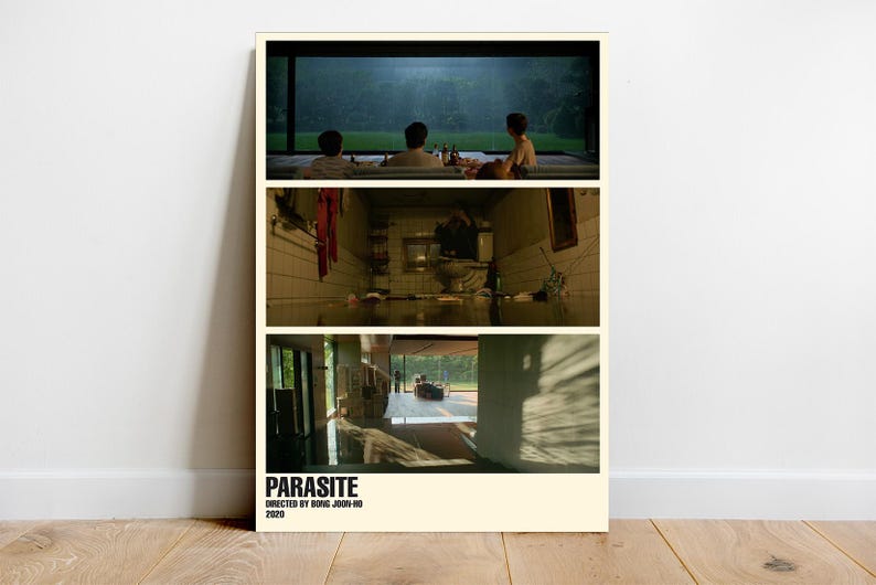 May include: A minimalist movie poster for the film Parasite, directed by Bong Joon-ho. The poster features three scenes from the film: a family sitting in a living room, a bathroom with a toilet, and a hallway with a shadow.