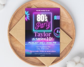 Neon 80s Birthday Invitation | Editable Template (Digital Download)