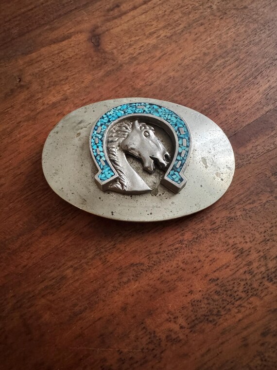 Vintage Horse and Horseshoe Buckle W/ Turquoise Chip Inlay  display picture 1