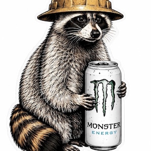 May include: A sticker illustration of a raccoon wearing a yellow construction hard hat. The raccoon is holding a white aluminum can with the green Monster Energy logo and the text Monster Energy printed in black and blue on the front of the can.