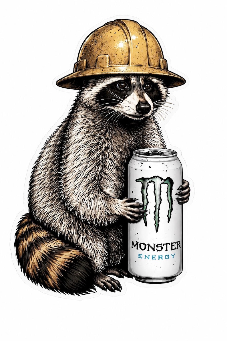 May include: A sticker illustration of a raccoon wearing a yellow construction hard hat. The raccoon is holding a white aluminum can with the green Monster Energy logo and the text Monster Energy printed in black and blue on the front of the can.
