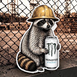 May include: A sticker featuring a raccoon wearing a yellow hard hat and holding a white Monster Energy drink can. The raccoon has grey and black fur with a striped tail. The design is set against a background of a chain-link fence.