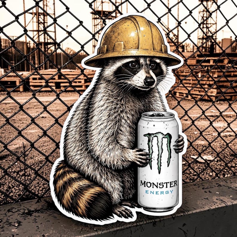 May include: A sticker featuring a raccoon wearing a yellow hard hat and holding a white Monster Energy drink can. The raccoon has grey and black fur with a striped tail. The design is set against a background of a chain-link fence.