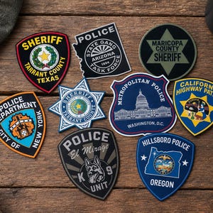 May include: A collection of nine embroidered law enforcement patches featuring various designs, including the Tarrant County Sheriff, Arizona State Gang Task Force, Maricopa County Sheriff, New York Police Department, Metropolitan Police, and California Highway Patrol.