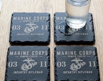 USMC Personalized coasters set custom stone engraved Father’s Day gift retirement party military MOS