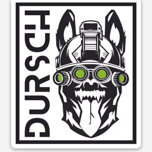 May include: Black and white illustration of a dog wearing a helmet and goggles. The dog's tongue is sticking out. The word "DURCH" is written vertically on the left side of the image.