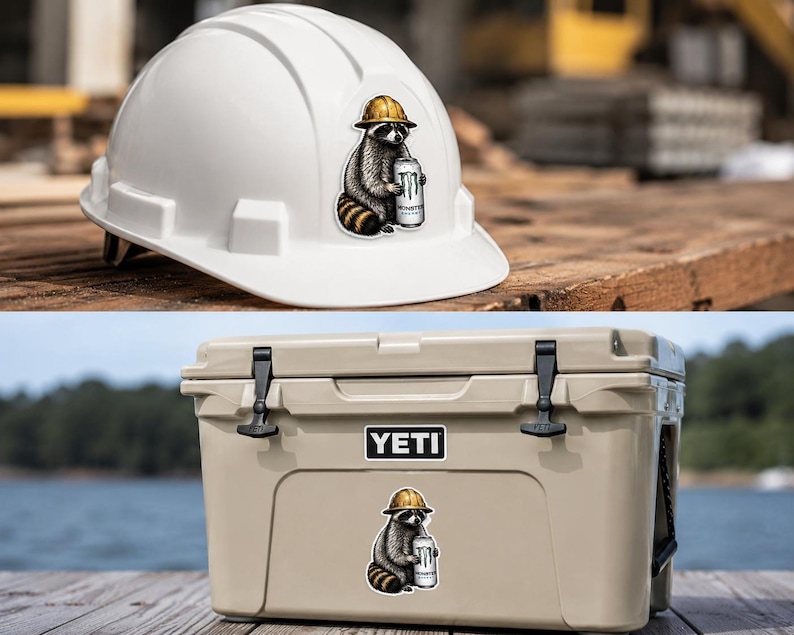 May include: A white hard hat and a tan cooler, each featuring a sticker of a raccoon wearing a yellow construction helmet and holding a silver can with the text Monster Energy. The raccoon is depicted in a seated position with a striped tail.