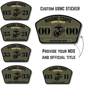 May include: A collection of custom USMC stickers in olive green, featuring the Marine Corps emblem and the text "Semper Fidelis." Each sticker displays a different MOS code and title, such as "Reconnaissance" and "Infantry Rifleman."