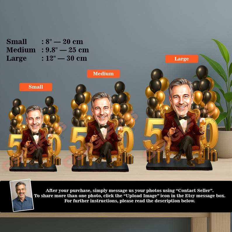 a portrait of a man in a tuxedo, surrounded by gold balloons and a large number 5. The portrait is displayed in three different sizes: small, medium, and large.