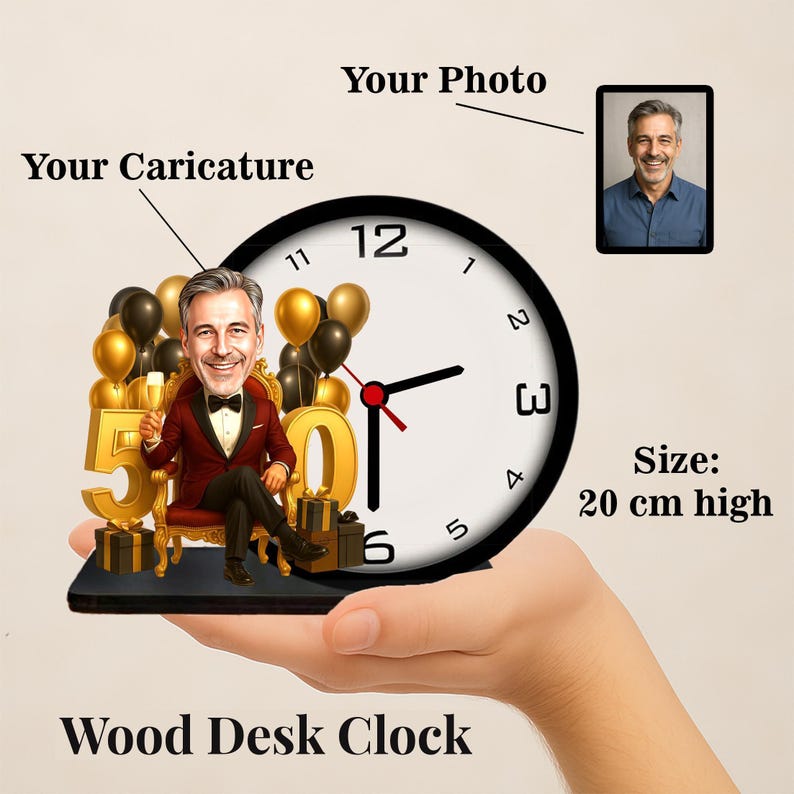 May include: A custom wood desk clock measuring 20 cm high, featuring a caricature of a person in a red suit sitting on a gold chair with a champagne glass, surrounded by gold and black balloons, gift boxes, and the number 50, next to a clock face.