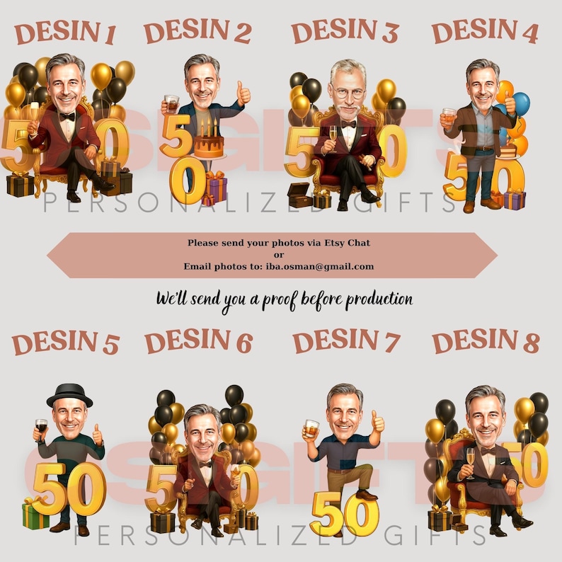 The image is a collage of six cartoon-style portraits of men, each representing a different age milestone, such as 50, 60, 70, 80, 90, and 100. The portraits are surrounded by gold balloons and the numbers 50, 60, 70, 80, 90, and 100, creating a celebratory atmosphere. The image does not contain any text, and the descriptions provided are minimalistic and avoid redundancy.