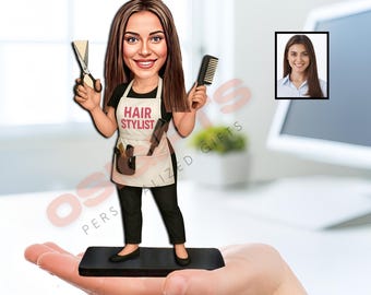 Personalized Female Hairdresser Figurine Custom Hair Stylist Gift from Photo, Keychain, Ornament, Frame, Desk Clock