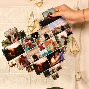 Personalized Heart Photo Collage Frame - Custom Photo Collage for Couples, Engagement Wedding Anniversary Gift, LED Wall Art 5-63 Photos