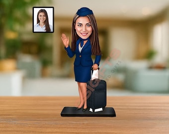 Cabin Crew Graduation Gift – Personalized Flight Attendant Figurine from Photo, Custom Desk Name Plate, New Job Airline Gift