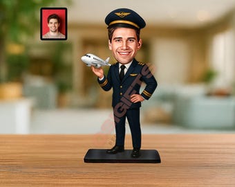 Personalized Pilot Caricature Figurine from Photo Airline Captain Retirement Graduation New Job Gift Pilot