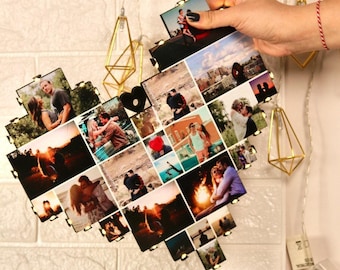 Heart Photo Collage with LED Personalized Wall Art Custom Photo Frame Engagement Wedding or Anniversary Gift