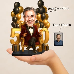 A hand holding a portrait of a man wearing a tuxedo, surrounded by gold balloons and a number 5.