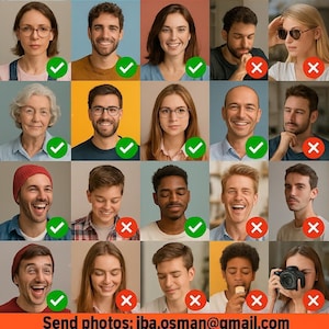 a collage of 16 individual portraits, each with a green checkmark or red cross indicating whether the photo should be sent or not. The portraits depict a diverse range of people, including both men and women, with varying expressions and poses. The text at the bottom of the image provides instructions for sending photos, directing the viewer to send photos to Iba.osman@gmail.com.