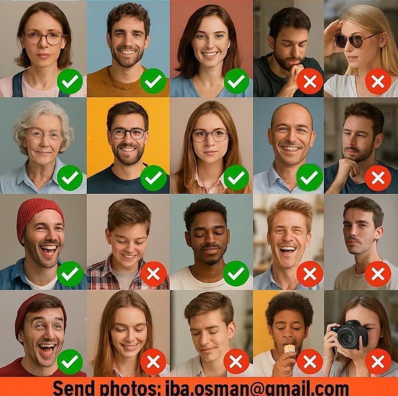 a collage of 16 individual portraits, each with a green checkmark or red cross indicating whether the photo should be sent or not. The portraits depict a diverse range of people, including both men and women, with varying expressions and poses. The text at the bottom of the image provides instructions for sending photos, directing the viewer to send photos to Iba.osman@gmail.com.