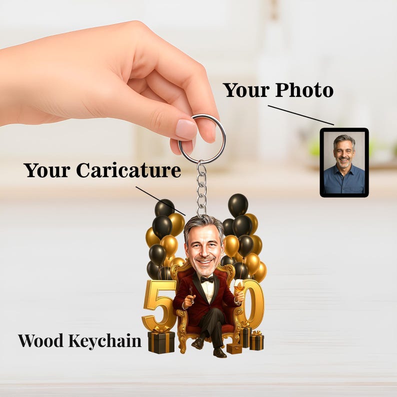 May include: A custom wood keychain featuring a caricature of a person in a tuxedo sitting on a chair, surrounded by gold and black balloons and the number 50. The design includes text labels Your Photo, Your Caricature, and Wood Keychain.