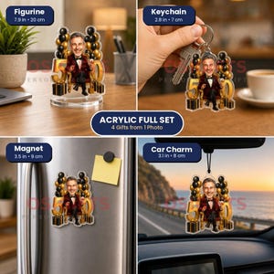 May include: A custom acrylic set featuring a caricature of a person in a maroon suit sitting on a gold chair, surrounded by black and gold balloons and the number 50. The set includes a 20 cm figurine, a 7 cm keychain, a 9 cm magnet, and an 8 cm car charm.