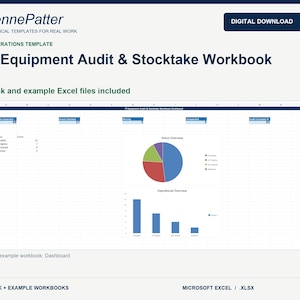 May include: A digital download IT Equipment Audit & Stocktake Workbook template for Microsoft Excel. The document features a dashboard with a pie chart for status overview, a bar chart for operational overview, and tables tracking asset counts.