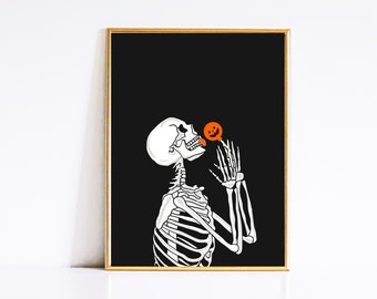 Skeleton Pumpkin Lollipop Art Print: Spooky Halloween Decor (Digital Download)
