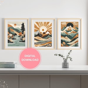 Bundle aus 3-teiliger Wandkunst Natur, Sonne und Berge Illustration Print Set, Mid Century moderne Kunstwerk, Boho Dekoration, Digitaldrucke