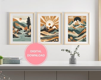 Mid Century Modern Nature Print Set: Sun & Mountains (Digital Prints)