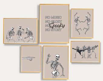 Neutral Boho Skeleton Print Set: Music Fan Halloween Decor (Digital Print)