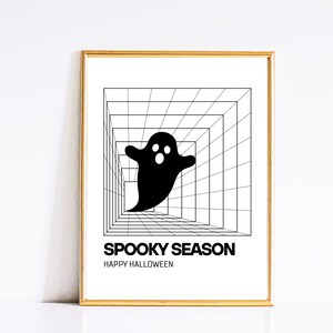 無限の空間にかわいい幽霊がプリント可能、ハロウィーンの壁アート、白黒ポスター、不気味なアート、怖いデジタルプリント、ミニマリストの白い装飾