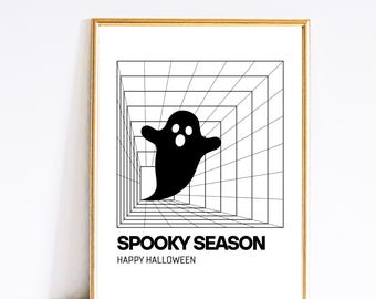 Cute Ghost in Infinite Space Printable, Halloween Wall Art, Black and White Poster, Spooky Art, Scary Digital Print, Minimalist White Decor