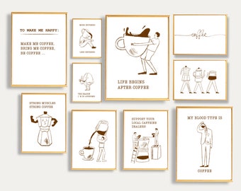 Coffee Bar Gallery Wall Art: Minimalist Doodle Prints (Digital Download)