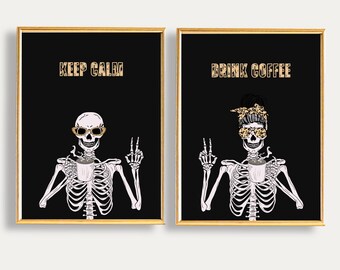 Funny Skeleton Coffee Halloween Prints: Spooky Wall Art (Set of 2) (Digital Download)