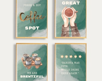 Green Coffee Bar Gallery Wall Art Prints: Set of 4 (Digital Download)